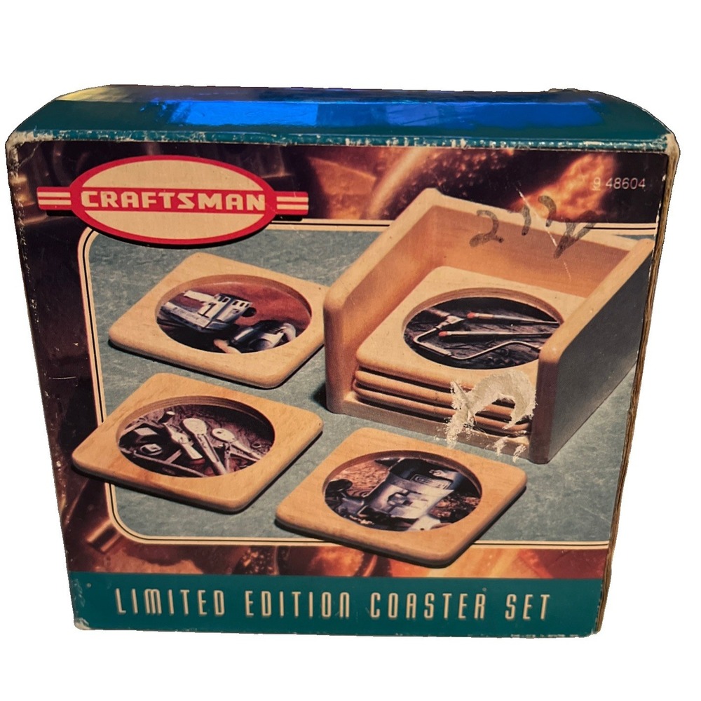 Sears Craftsman Vtg 90s Tools Beechwood Coasters Set of 6 Mechanic Woodworking